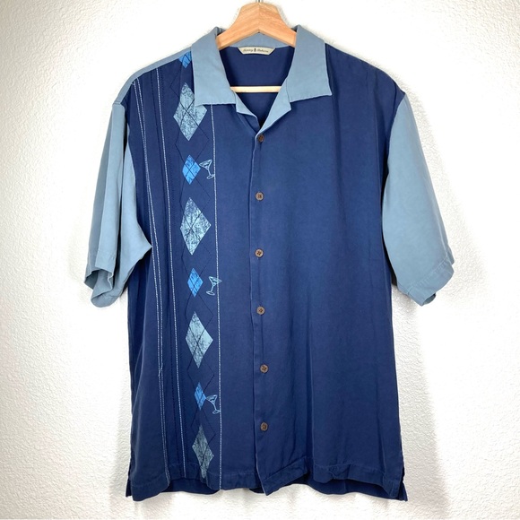 Tommy Bahama Silk Shirt Medium Martini Glass Argyle Silk Button Down Blue - Picture 1 of 13